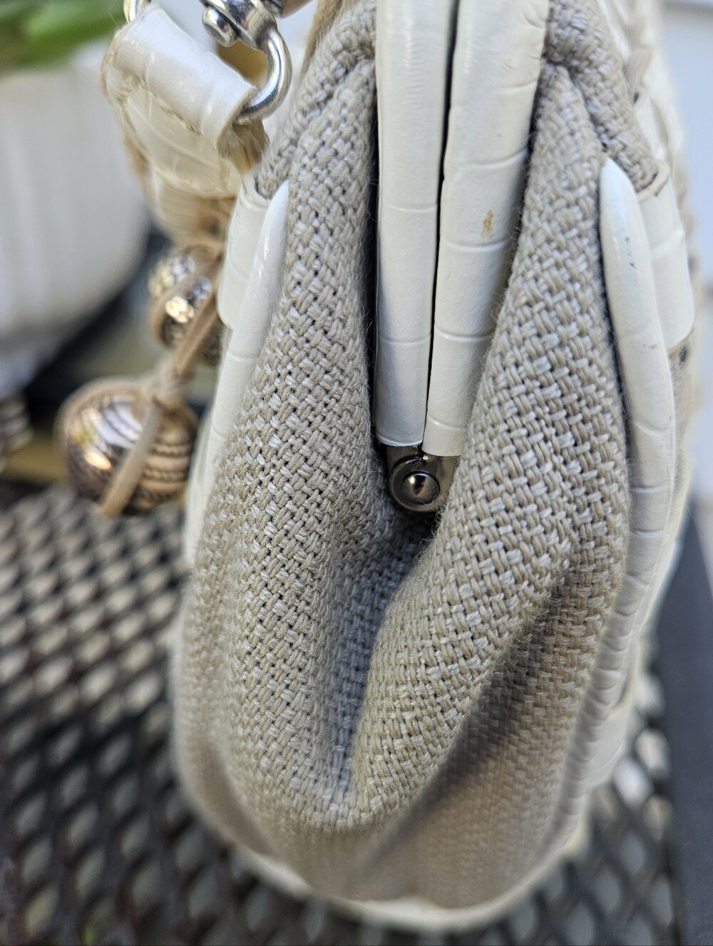Brighton Woven Leather & Linen Kiss Lock Satchel  Mini Bag Cream /White Vintage - Picture 6 of 13